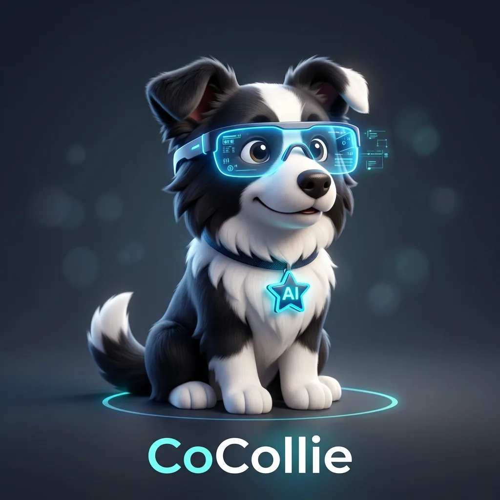 The CoCollie mascot: a collie wearing smart glasses that show data, with an AI badge on its collar